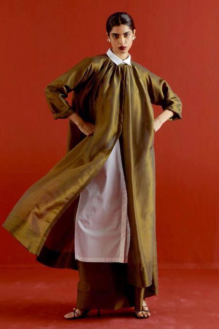 Buy_Three_Olive Green Tissue, Silk Collared Gather Neck Shirt Tunic And Pant Set _Online_at_Aza_Fashions