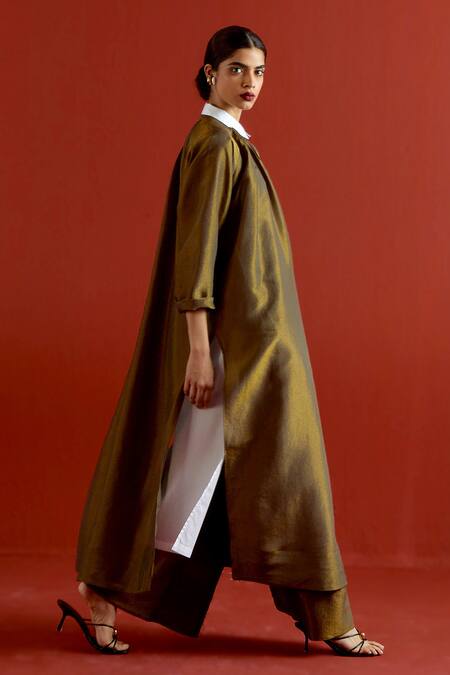 Shop_Three_Olive Green Tissue, Silk Collared Gather Neck Shirt Tunic And Pant Set _Online_at_Aza_Fashions