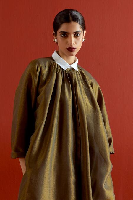 Three_Olive Green Tissue, Silk Collared Gather Neck Shirt Tunic And Pant Set _at_Aza_Fashions