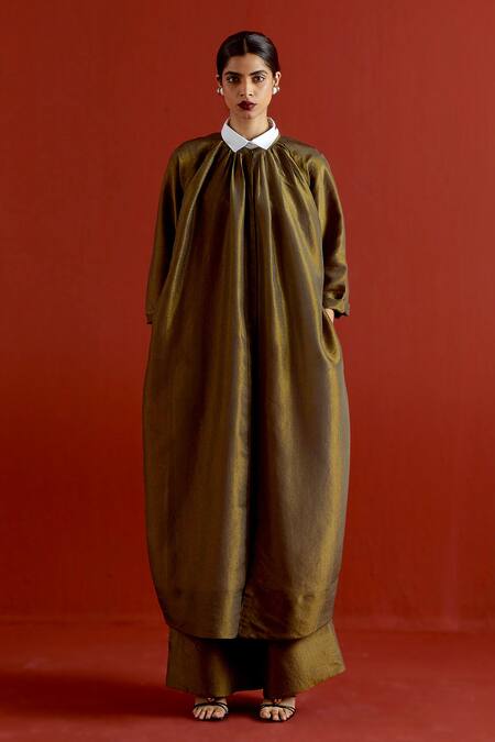 Buy_Three_Olive Green Tissue, Silk Collared Gather Neck Shirt Tunic And Pant Set 