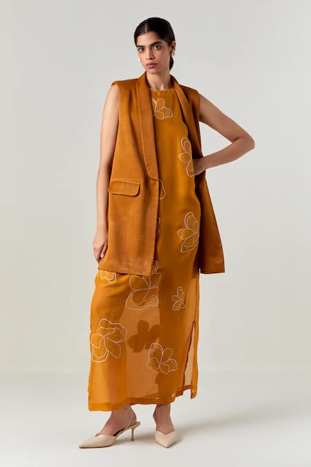 Three Yellow Applique Dress With Waistcoat 