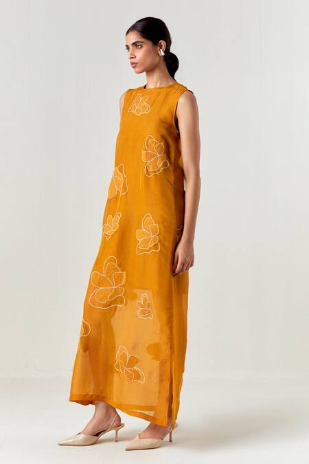 Buy_Three_Yellow Crepe, Satin, Organza, Poplin Applique Collared, Dress With Waistcoat 