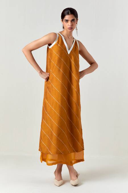 Three_Yellow Silk, Organza Embroidery V-neck Embellised Sleeveless Dress _Online_at_Aza_Fashions