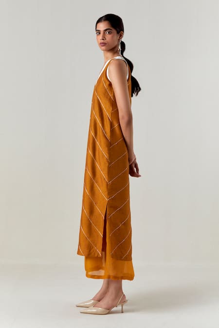 Buy_Three_Yellow Silk, Organza Embroidery V-neck Embellised Sleeveless Dress _Online_at_Aza_Fashions