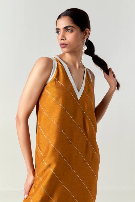 Shop_Three_Yellow Silk, Organza Embroidery V-neck Embellised Sleeveless Dress _Online_at_Aza_Fashions