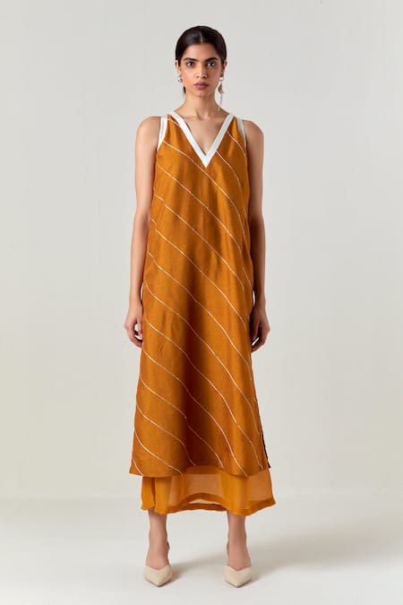 Three_Yellow Silk, Organza Embroidery V-neck Embellised Sleeveless Dress _at_Aza_Fashions