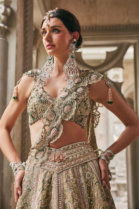 Jigar & Nikita_Green Silk, Velvet, Net, Tissue Embroidery, Sequins, Beads, Elysee Lehenga Set _Online_at_Aza_Fashions