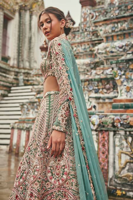 Jigar & Nikita_Teal Velvet, Net, Organza Sequins, Embroidery, Zari Siam Serenity Lehenga Set _Online_at_Aza_Fashions