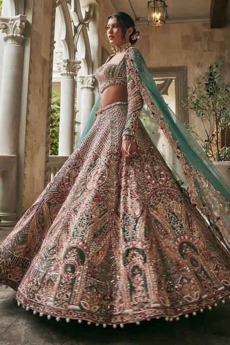 Buy_Jigar & Nikita_Teal Velvet, Net, Organza Sequins, Embroidery, Zari Siam Serenity Lehenga Set _Online_at_Aza_Fashions