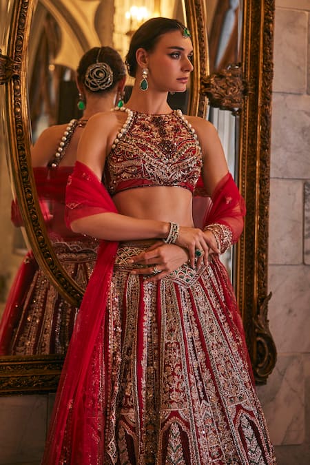 Jigar & Nikita_Red Silk, Net Embroidery, Sequins, Zari, Siam-e-shaahi Bridal Lehenga Set _Online_at_Aza_Fashions