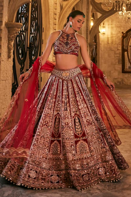 Shop_Jigar & Nikita_Red Silk, Net Embroidery, Sequins, Zari, Siam-e-shaahi Bridal Lehenga Set _Online_at_Aza_Fashions