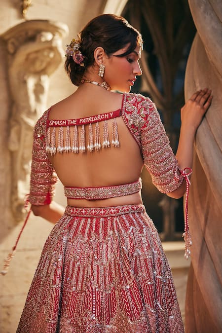 Jigar & Nikita_Red Velvet, Silk, Net Embroidery, Smash The Patriarchy Bridal Lehenga Set _Online_at_Aza_Fashions