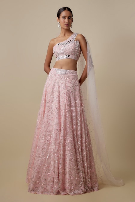 Asaga Pink Satin, Organza, Chinon, Tulle Sequins, Mirrors Cubine Lehenga With Blouse