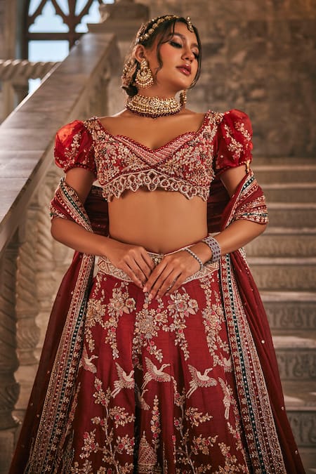 Jigar & Nikita_Red Silk, Net, Kota Doria Embroidery, Anant Pichwai Saga Bridal Lehenga Set _Online_at_Aza_Fashions