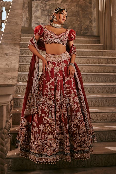 Jigar & Nikita Red Silk, Net, Kota Doria Embroidery, Anant Pichwai Saga Bridal Lehenga Set 