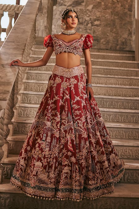 Buy_Jigar & Nikita_Red Silk, Net, Kota Doria Embroidery, Anant Pichwai Saga Bridal Lehenga Set _Online_at_Aza_Fashions