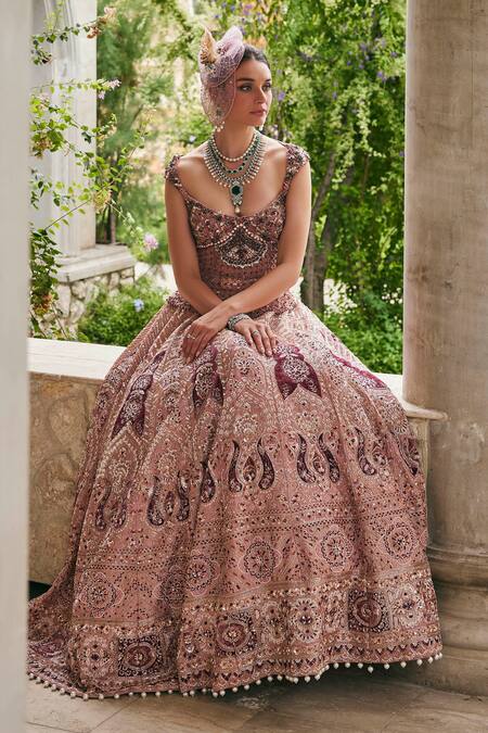 Jigar & Nikita_Pink Velvet, Net Embroidery, Sequins, Zari, Beads Siam Rose Lehenga Set _Online_at_Aza_Fashions