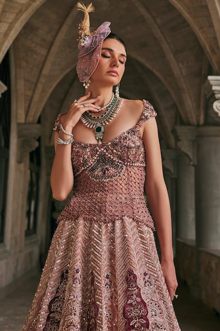 Buy_Jigar & Nikita_Pink Velvet, Net Embroidery, Sequins, Zari, Beads Siam Rose Lehenga Set _Online_at_Aza_Fashions