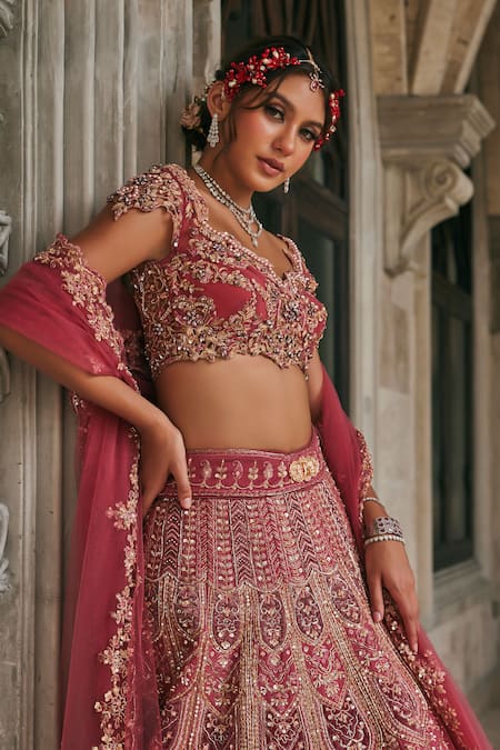 Jigar & Nikita_Maroon Velvet, Silk, Net Embroidery, Zari, Dusk In Blossom Bridal Lehenga Set _Online_at_Aza_Fashions