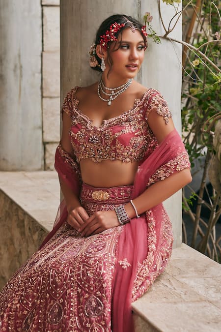 Buy_Jigar & Nikita_Maroon Velvet, Silk, Net Embroidery, Zari, Dusk In Blossom Bridal Lehenga Set _Online_at_Aza_Fashions