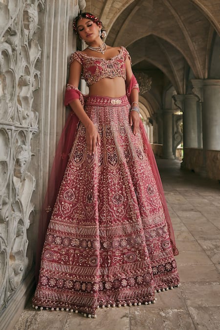 Shop_Jigar & Nikita_Maroon Velvet, Silk, Net Embroidery, Zari, Dusk In Blossom Bridal Lehenga Set _Online_at_Aza_Fashions