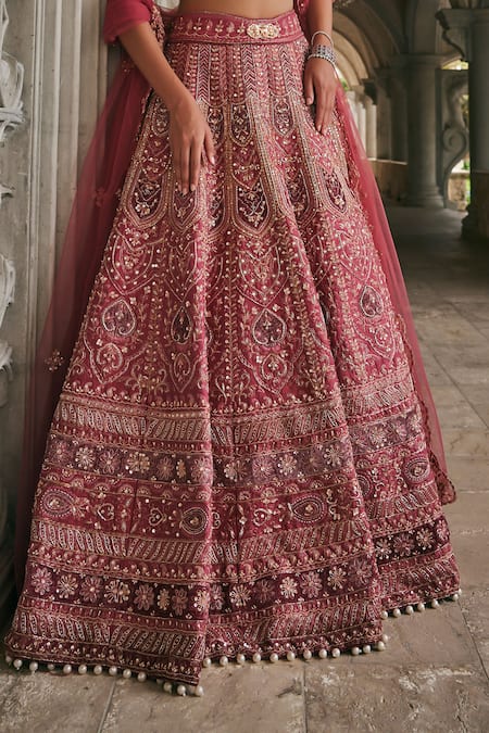 Jigar & Nikita_Maroon Velvet, Silk, Net Embroidery, Zari, Dusk In Blossom Bridal Lehenga Set _at_Aza_Fashions