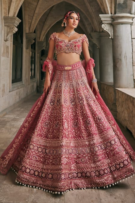 Jigar & Nikita Maroon Velvet, Silk, Net Embroidery, Zari, Dusk In Blossom Bridal Lehenga Set
