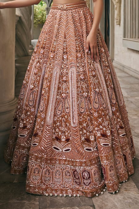 Buy_Jigar & Nikita_Gold Silk, Velvet, Net Sequins, Embroidery Sweetheart Neck Hour Lehenga Set _Online_at_Aza_Fashions