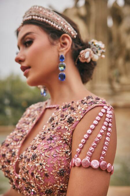 Jigar & Nikita_Pink Net Embroidery, Sequins, Zari, Pearls, Beads Flamingo Flounce Lehenga Set _Online_at_Aza_Fashions