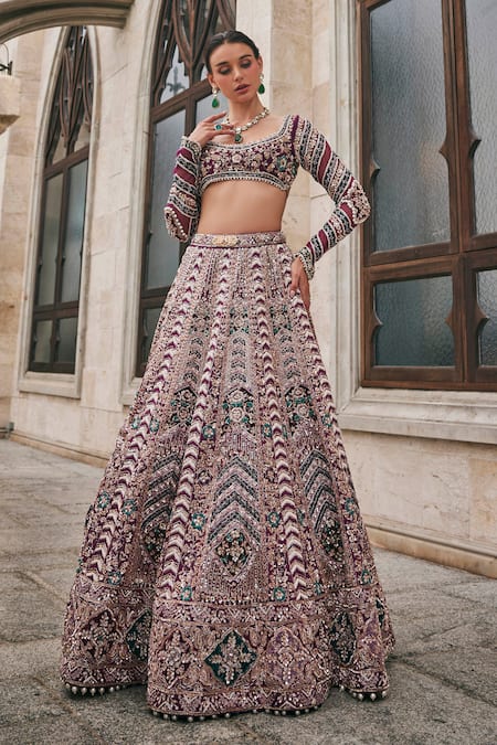 Jigar & Nikita_Wine Silk, Net Sequins, Embroidery, Zari, Beads, Tassels Wisper Of Lehenga Set _Online_at_Aza_Fashions