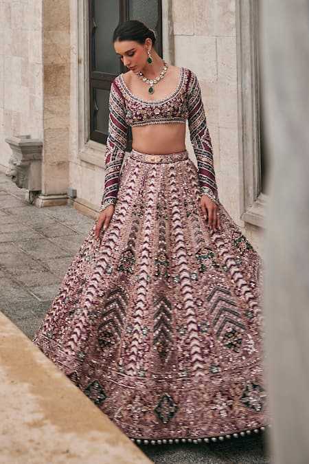 Buy_Jigar & Nikita_Wine Silk, Net Sequins, Embroidery, Zari, Beads, Tassels Wisper Of Lehenga Set _Online_at_Aza_Fashions