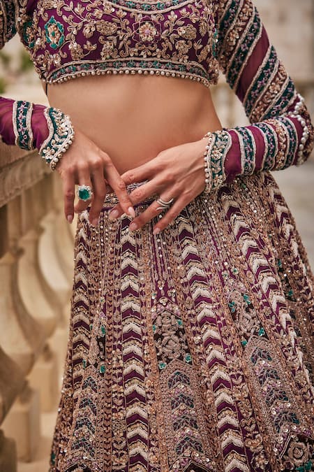 Shop_Jigar & Nikita_Wine Silk, Net Sequins, Embroidery, Zari, Beads, Tassels Wisper Of Lehenga Set _Online_at_Aza_Fashions