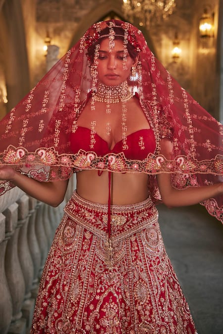 Jigar & Nikita_Red Silk, Net Embroidery, Zari, Beads Swans Of Siam Bridal Lehenga Set _Online_at_Aza_Fashions