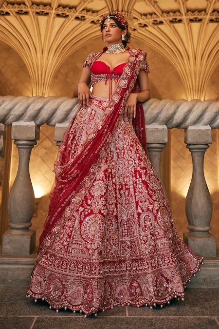 Jigar & Nikita Red Silk, Net Embroidery, Zari, Beads Swans Of Siam Bridal Lehenga Set 