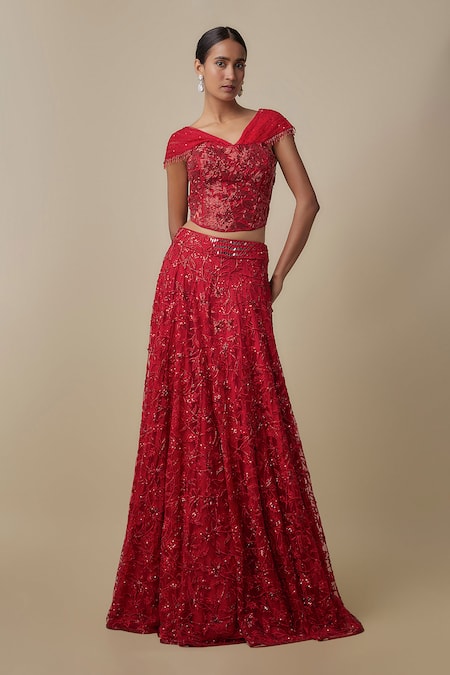 Asaga Red Satin, Organza, Chinon, Tulle Beads, Embroidery Mooka Lehenga With Blouse 