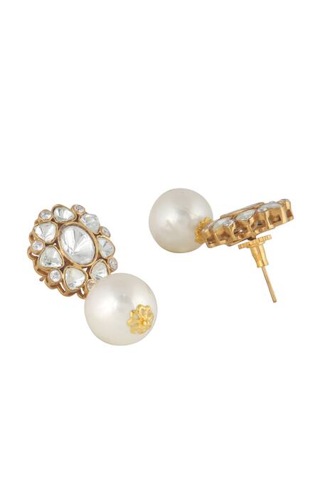 Curio Cottage_Gold Plated Pearls, Diamonds Meira Lustre Drop Polki Earrings_Online_at_Aza_Fashions