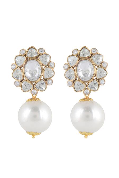 Buy_Curio Cottage_Gold Plated Pearls, Diamonds Meira Lustre Drop Polki Earrings_Online_at_Aza_Fashions