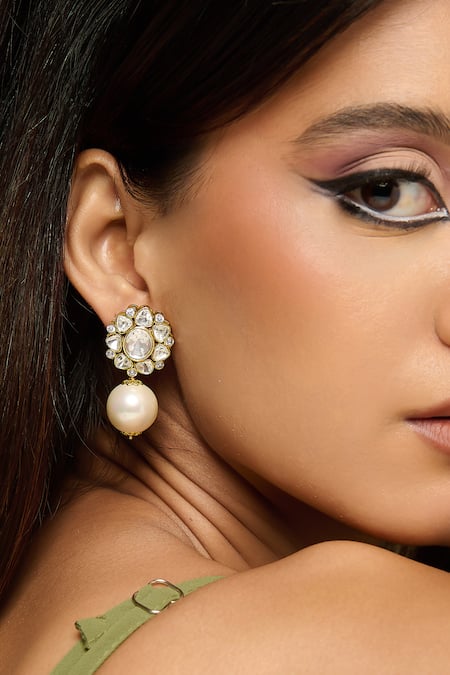 Curio Cottage Gold Plated Pearls, Diamonds Meira Lustre Drop Polki Earrings 