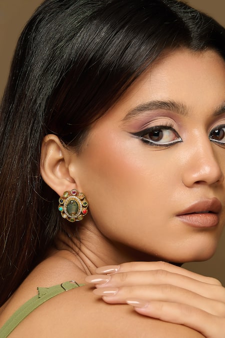 Curio Cottage Gold Plated Gemstones Navratna Jade Stud Earrings 
