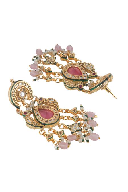 Curio Cottage Multi Color Gemstones, Pearls, Beads Meira Pink Parakeet Dangler Earrings Online at Aza Fashions Curio Cottage_Multi Color Gemstones, Pearls, Beads Meira Pink Parakeet Dangler Earrings_Online_at_Aza_Fashions