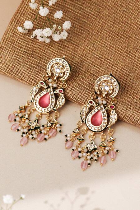 Shop Curio Cottage Multi Color Gemstones, Pearls, Beads Meira Pink Parakeet Dangler Earrings at Aza Fashions Shop_Curio Cottage_Multi Color Gemstones, Pearls, Beads Meira Pink Parakeet Dangler Earrings_at_Aza_Fashions