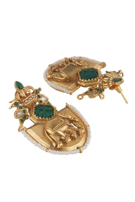 Curio Cottage_Gold Plated Gemstones, Pearls Gilded Tusker Dangler Earrings_Online_at_Aza_Fashions