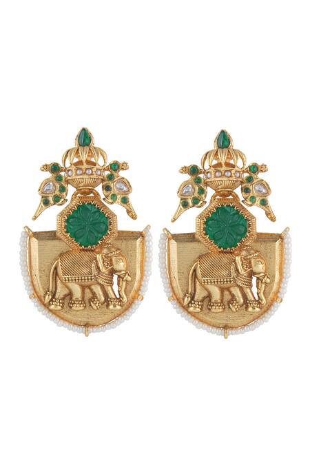 Buy_Curio Cottage_Gold Plated Gemstones, Pearls Gilded Tusker Dangler Earrings_Online_at_Aza_Fashions