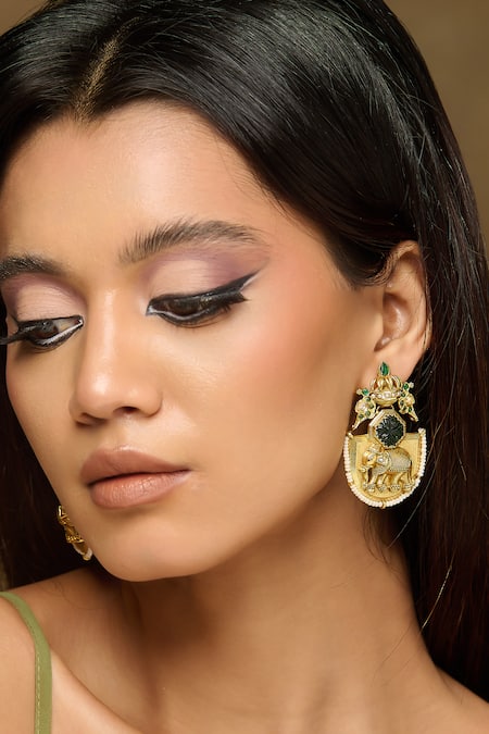 Curio Cottage Gold Plated Gemstones, Pearls Gilded Tusker Dangler Earrings 