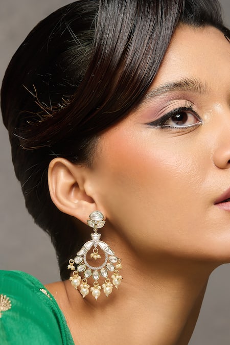 Curio Cottage Gold Plated Stones, Pearls Glimmering Kundan Chandbali Earrings 