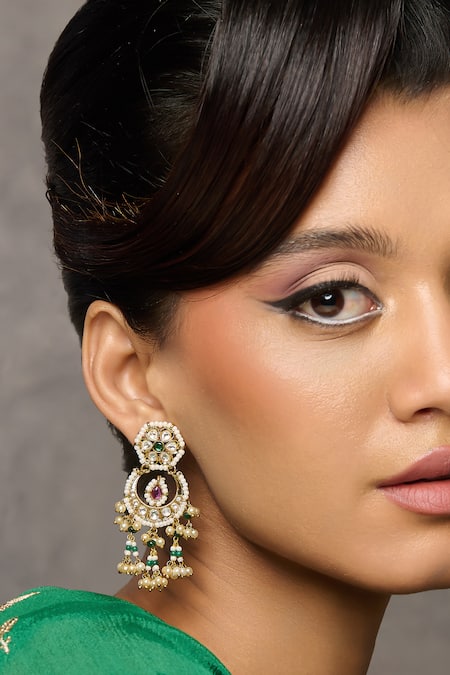Curio Cottage Gold Plated Pearls, Stones, Beads Strung Kundan Chandbali Earrings 