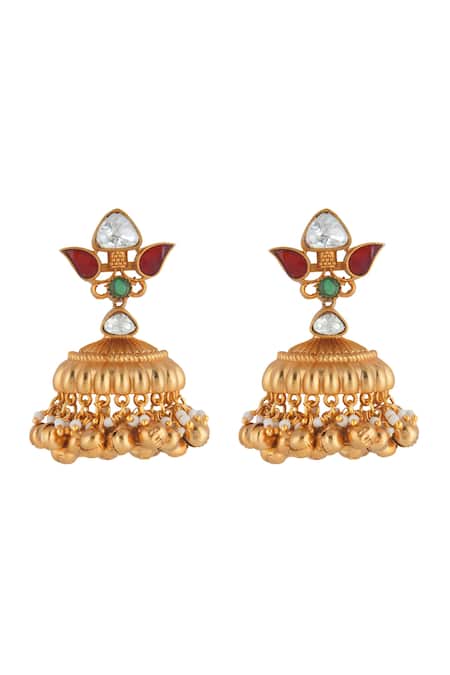 Curio Cottage Gold Plated Gota Patti, Beads, Stones Meira Singing Ghungroo Jhumkis Online at Aza Fashions Curio Cottage_Gold Plated Gota Patti, Beads, Stones Meira Singing Ghungroo Jhumkis_Online_at_Aza_Fashions