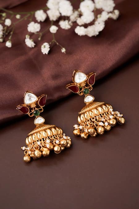Shop Curio Cottage Gold Plated Gota Patti, Beads, Stones Meira Singing Ghungroo Jhumkis at Aza Fashions Shop_Curio Cottage_Gold Plated Gota Patti, Beads, Stones Meira Singing Ghungroo Jhumkis_at_Aza_Fashions