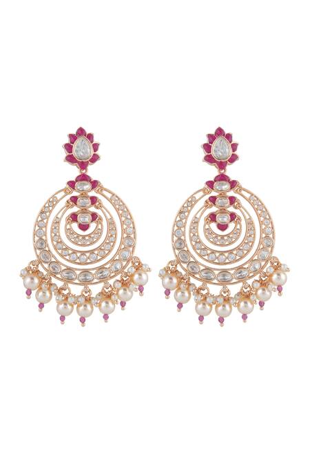 Curio Cottage_Gold Plated Stones, Pearls, Beads Rippling Lotus Polki Chandbali Earrings_Online_at_Aza_Fashions
