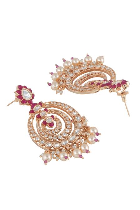 Buy_Curio Cottage_Gold Plated Stones, Pearls, Beads Rippling Lotus Polki Chandbali Earrings_Online_at_Aza_Fashions